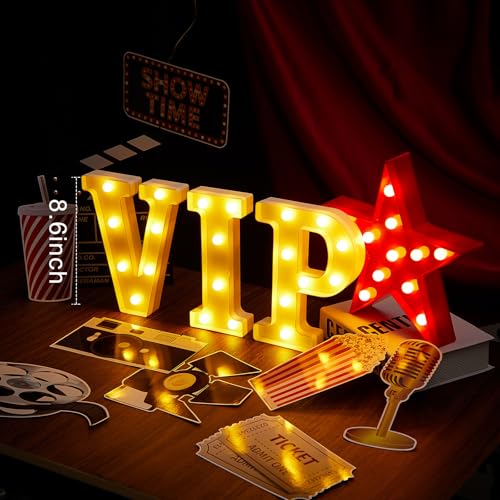 Image of 13 Pcs VIP Movie Night Party Decorations 8.6 inch VIP Light up Letters Sign Film Clapper Board Marquee Star Sign Party Cards Props for Movie Nigh Theater Table Centerpieces Decorations Supplies