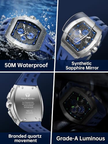Image of TSAR BOMBA Men's Luxury Quartz Watch, Luminous Dial 5ATM Water Resistance Silicone Strap Men's Wristwatch Ideal Gift for Men
