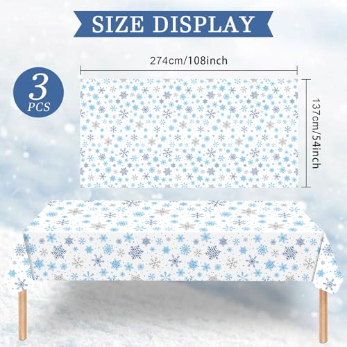 Image of Gistome 3-Piece 54 x 108 Inch Snowflake Plastic Tablecloth - Blue and White Christmas Holiday Disposable Table Cover for Winter Parties, Xmas Dinners, and Indoor Outdoor Decorations