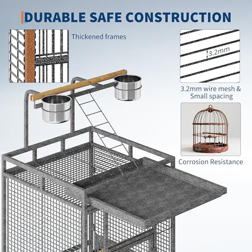 61" Large Bird Cage with Play Top, Rolling Flight Cage for Parakeets, Cockatiels, Conures, and Lovebirds, Metal Parrot Cage with Removable Stand & Feed Bowls, Black by SierraSquad - Image 4