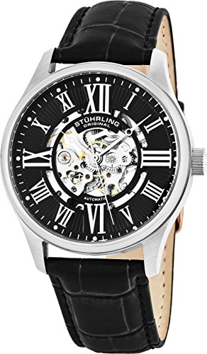 Stuhrling Original Mens Stainless Steel Automatic Watch, Skeleton Dial, Black Leather Band, 747 Series