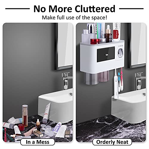 Toothbrush Holders Wall Mounted, Yoobure Automatic Toothpaste Dispenser Set For Bathrooms, Multifunctional Bathroom Organizer Holder With Cosmetic Drawer, 2 Magnetic Cups And 6 Toothbrush Slots #TOP5