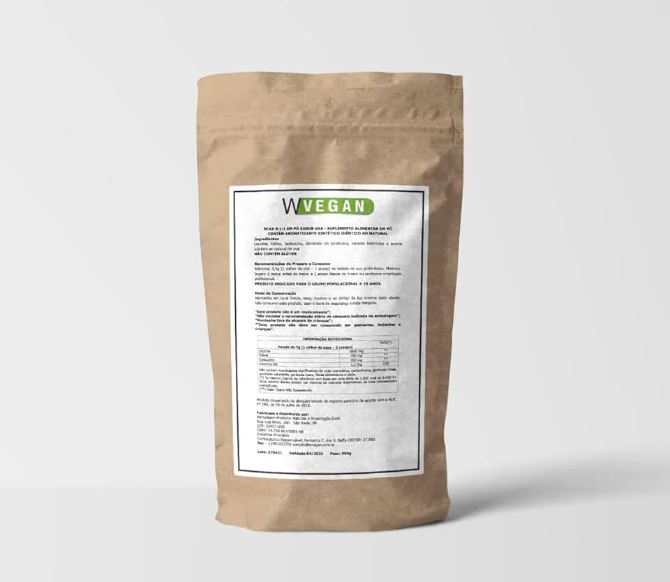 WVegan BCAA em Pó, Sabor Uva, 1kg, Suplemento Vegano com Leucina, Valina e Isoleucina, Aminoácidos Essenciais para Desenvolvimento Muscular