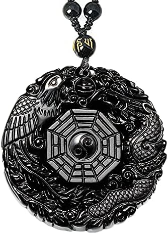 Natural Obsidian Dragon & Phoenix Necklace Black Gemstone Yin Yang Protection Pendant with Adjustable Bead Chain Chinese Lucky Talisman Amulet Crystal Necklace Jewelry Gifts for Men Women