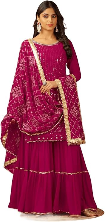 Image of Women's Designer Chinon Silk Sharara Suit Set, Sequence Embroidery Kurti with Tiered Sharara and Dupatta