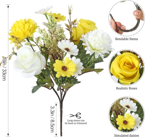 Image of Artificial Flower Bouquet for Home Decoration - 2 Pcs Faux Rose & Daisy Bouquet (Without Pot) Artificial Flowers for Living Room, Bedroom, Office, Vase Decoration (Yellow)