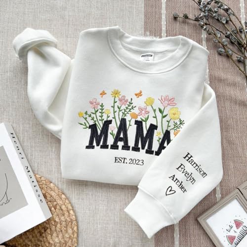 Custom Mama Embroidered Floral Sweatshirt, Custom Mama Crewneck With Names, Mama Sweatshirt Embroidered, New Mom Sweatshirt, Mama Birthday4
