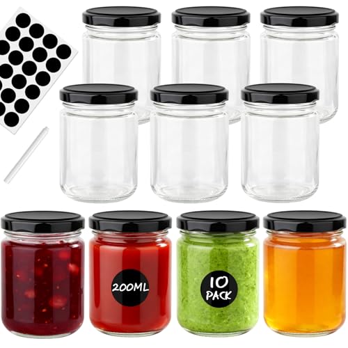 Otauoaea Set di 10 Vasetti per Marmellata da 200ml, Vasetti Vetros Piccoli Barattoli Vetro con Coperchio Ermetici Lavabili in Lavastoviglie Vasettis di Vetros Per Marmellate,Yogurt,Miele