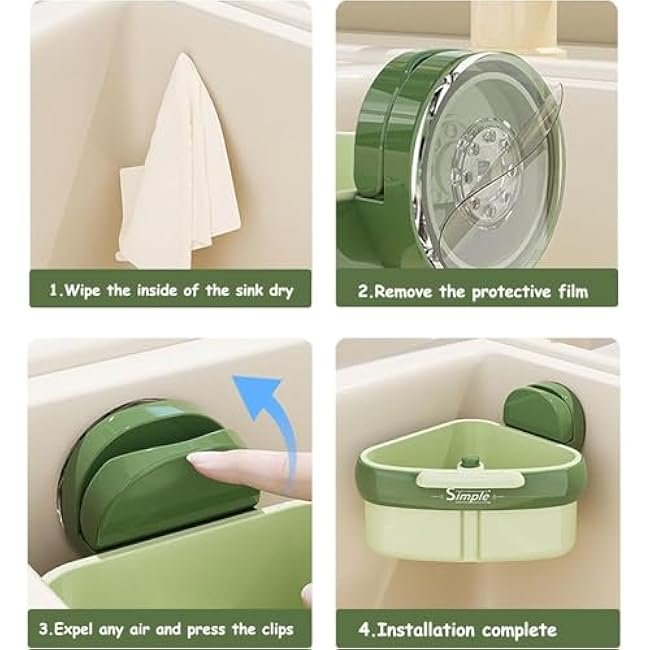 Curetoaway Wideous Suction Cup Sink Corner Rack, Sink Strainer Basket, Triangular Sinks Basket Shelf With Suction Cup Sucker, Automatic Dumping for Kitchen Bathroom Dishware (Yellow, 1 Pc)