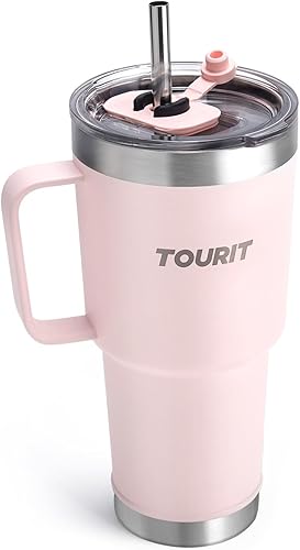 TOURIT Vaso aislado de 30 onzas con asa y pajilla, tapa MagSlider reutilizable 3 en 1. Doble pared a prueba de sudor, libre de BPA para mantener las