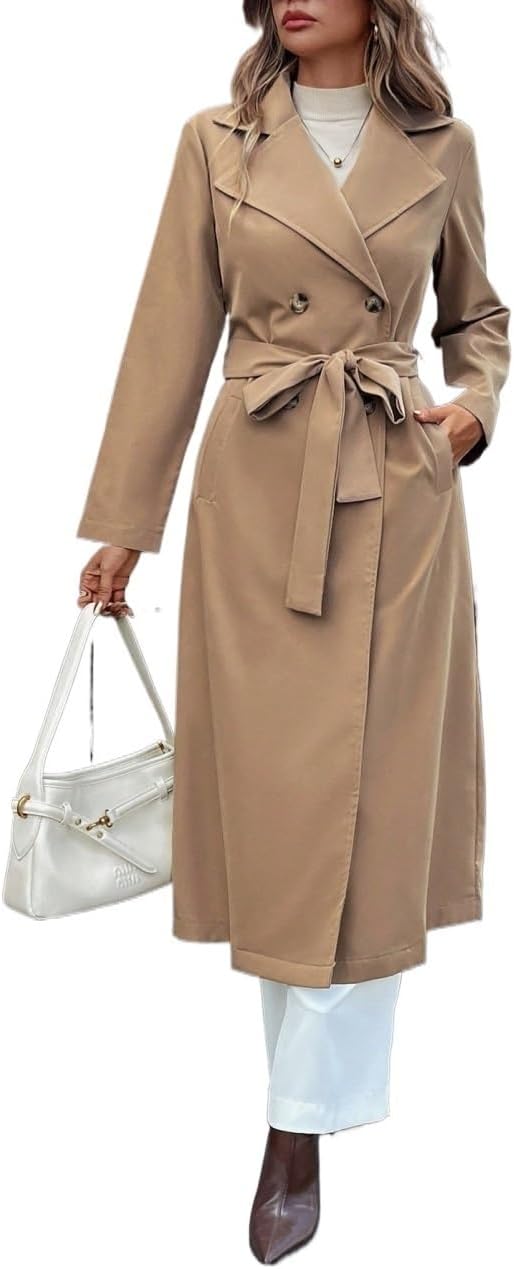 Womens Winter Pocket Solid Color Double BreastedLong TrenchCoat Regular Sleeve Long coat
