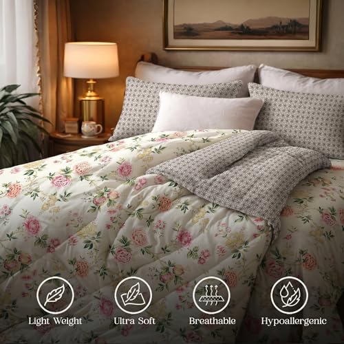 Image of Utopia Bedding Microfiber AC Comforter for King Size 220x240 cm - Lightweight, Skin-Safe & Hotel-Style Quilted Blanket with Floral Print Lilac