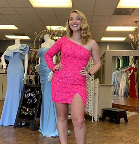 POMUYOO Women's One Shoulder Homecoming Dresses for Teens 2025 Sparkly Short Long Sleeve Sequin Cocktial Gown3