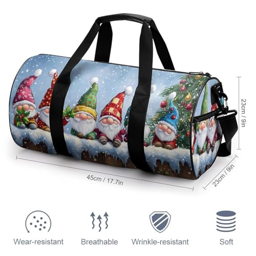 Christmas Gnomes Sitting on Wooden Fence Travel Gym Bag for Women Men Colorful Checkered Hats Cylindrical Duffle Bag Sport Workout Bag with Shoulder Strap2