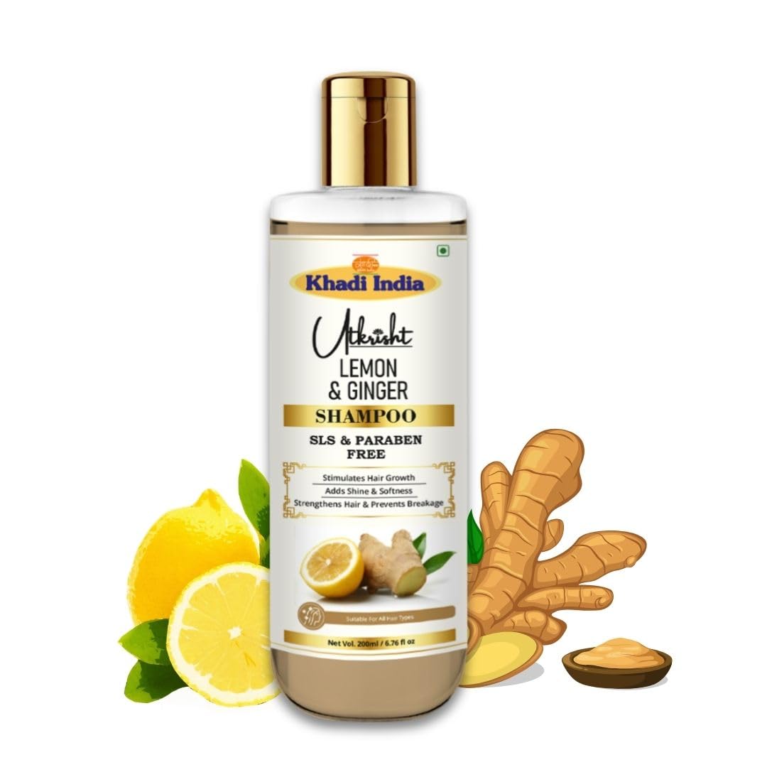 Khadi Utkrisht Lemon & Ginger Shampoo 200ml | Herbal Anti-Dandruff Shampoo for Strong, Healthy Hair | Deep Cleansing & Nourishing | Sulphate & Paraben Free | Suitable For All Hair Types | Men & Women