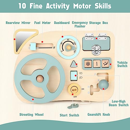 Montessori Busy Board Toy for Toddlers, Car Wooden Sensory Board Educational Toys with 10 Fine Activity Motor Skills, Driving Scene Travel Toys for Toddlers Boys and Girls