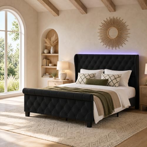Uteeran King Size Bed Frame with Headboard, Velvet Upholstered Bed Frame with LED Lights & Charging Station, Platform Bed with Wooden Slats Support, Luxury Button Tufted Design, Noise Free, Black