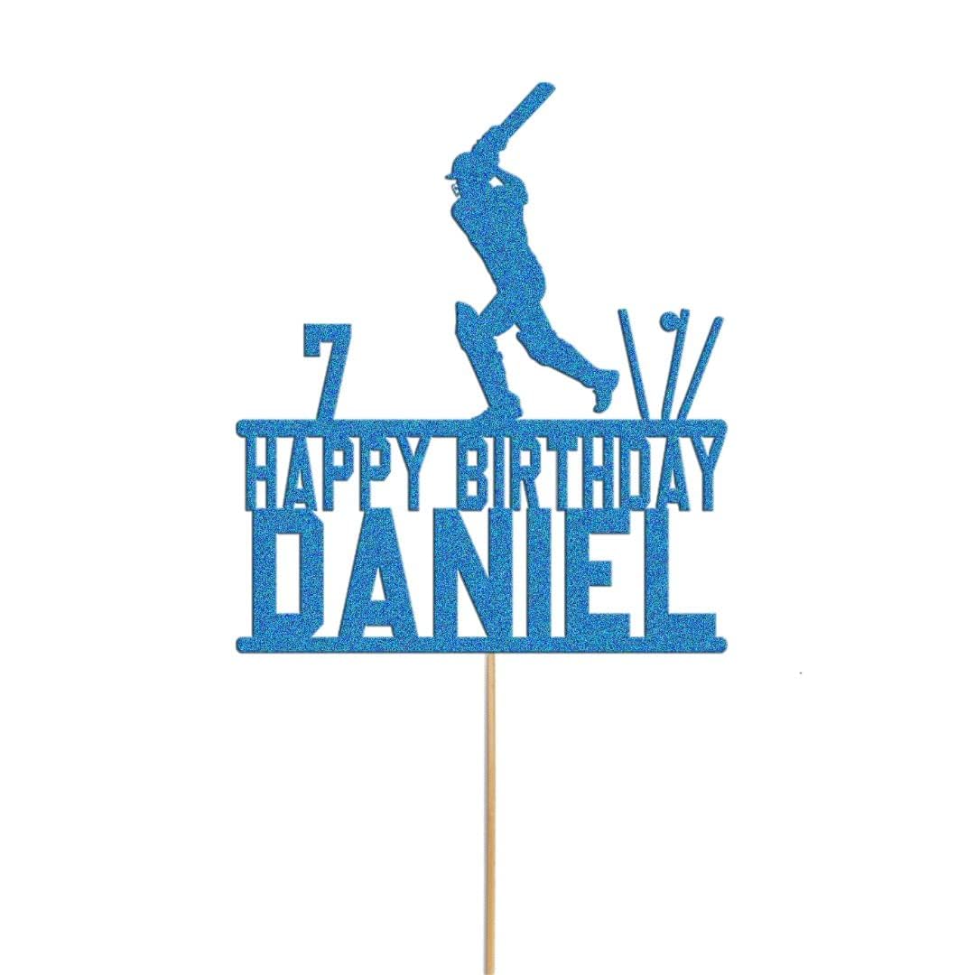 Personalised Cricket Cake Topper | Custom Name & Age | Birthday Party Decoration | Cricket Theme Cake Topper for Boys & Girls | Glitter Acrylic Cake Topper for Sports Parties (Blue)