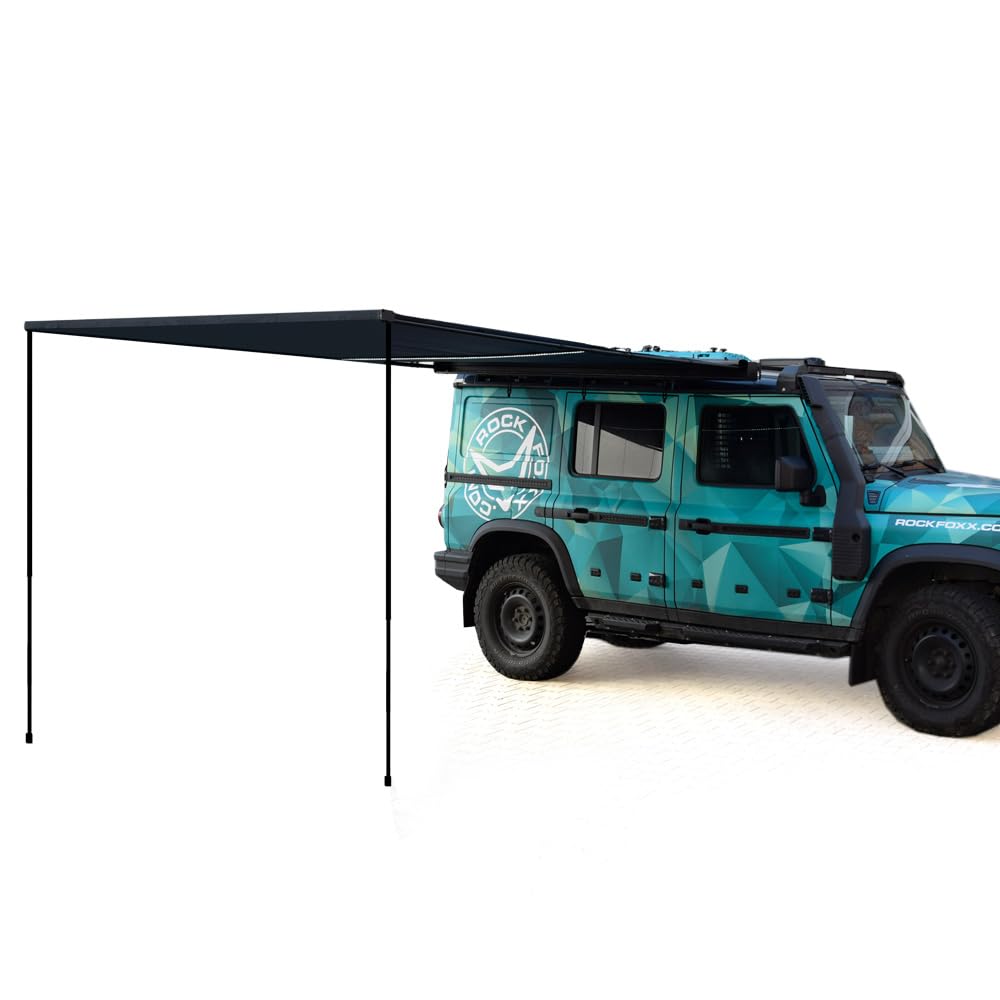 ROCKFOXX Auto Seiten Markise 250x250 cm, Mit LED-Beleuchtung, Nur12kg Eigengewicht - Wasserdicht 600D Polyester