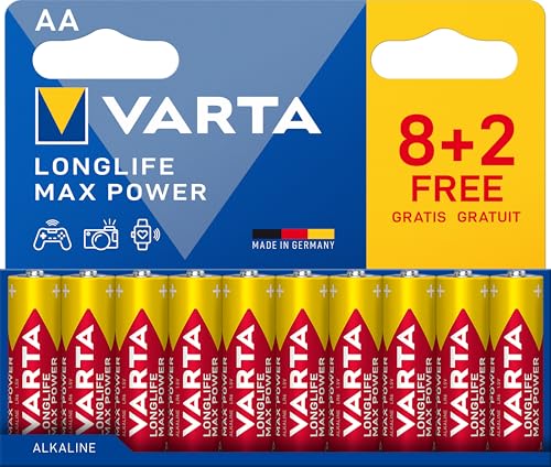 VARTA Longlife Max Power Alkaline Batteries AA 1.5 V Ideal for Digital Camera, Controller, Blood Pressure Monitor, Plastic-Free Packaging, Made in Germany, Pack of 10