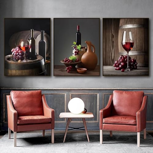 Toile peinture nature morte cuisine bar vin rouge bière 3 pièces 60x80 cm sans cadre
