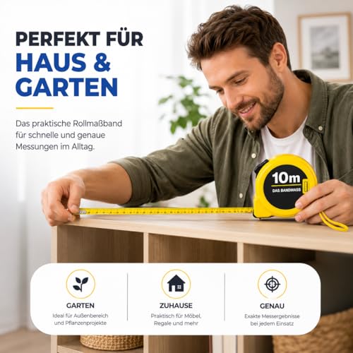 Premium Bandmaß 10 Meter mit Halterung - robustes Maßband & Bandmass zum präzisen Messen mit Feststeller - Rollmassband & Massband mit Aufrollsystem