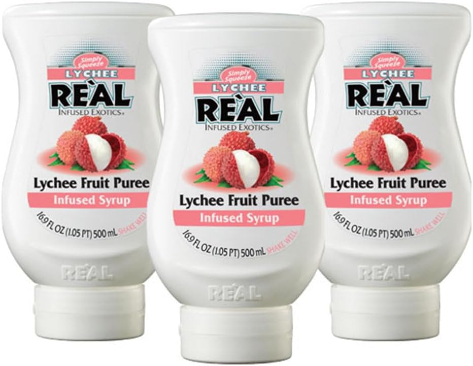 Lychee Reàl Infused Exotics, Lychee Fruit Puree Infused Syrup, 16.9 FL OZ Squeezable Bottle (Pack of 3)