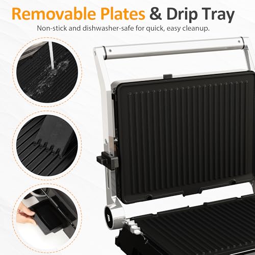 Image of Sunvivi Indoor Grill & Griddle with Preset Menu, 1600W Electric Panini Press Sandwich Maker, Removable Nonstick Plates, Locking Lid, Double-sided Grill with 180 Flat Opening, Stainless Steel, Black