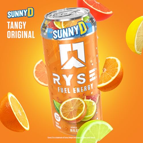 Image of RYSE Fuel Energy Drink - SunnyD Tangy Original - Sugar Free, Gluten Free & Vegan - 200mg Natural Caffeine, Taurine & Choline for Focus & Energy - No Artificial Colors - 16 fl oz Cans (12-Pack)