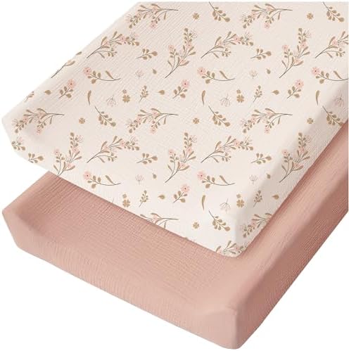 Konssy 2 Pack Muslin Changing Pad Cover for Baby Girls Boys 100% Cotton Fitted Diaper Changing Table Cover Set, Soft Changing Pad Sheets (Floral, Pink)