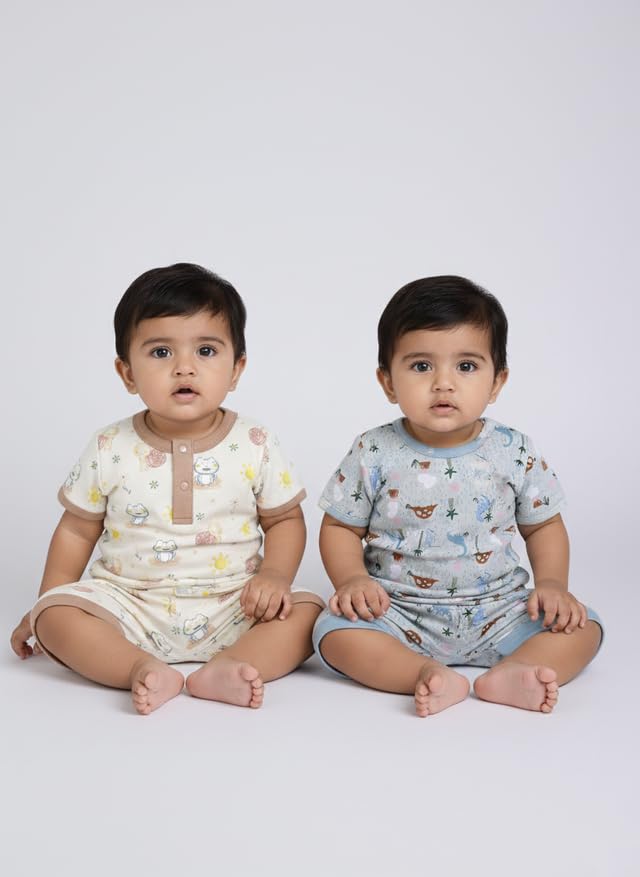Image of Baby Girls 100% Cotton Printed Half Sleeve T-shirt & Short Summer Clothing Sets (Pack Of 2)