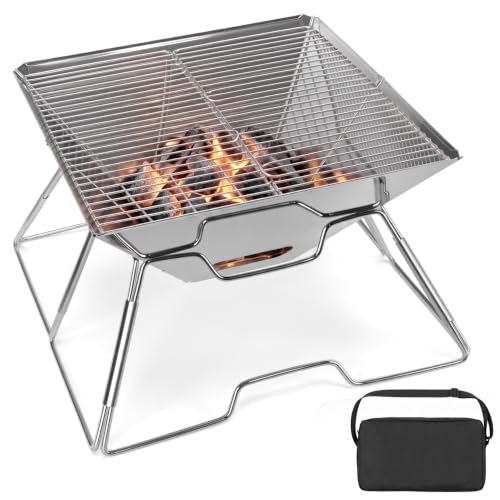 QWORK® Faltbarer Camping Feuerschale Feuerkorb aus Edelstahl für Garten Camping Outdoor-Aktivitäten (Quadrat)