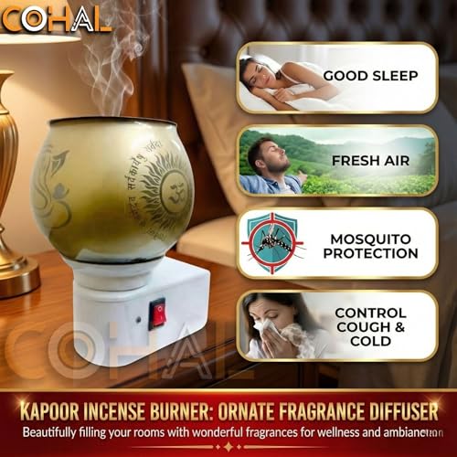 Image of COHAL Glass Kapoor Dani Electric Camphor Diffuser with Ganesh Ji Om Design | Aroma Dhoop & Incense Burner | Electrical Night Lamp for Home, Office & Pooja Room