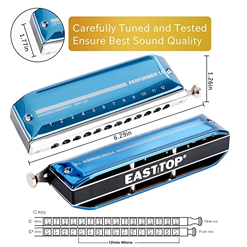 East Top Upgrade Chromatic Harmonica 12 Hole 48 Tone Key Of C, Chromatic Mouth Organ Harmonica For Adults,Students And Professionals With Blue Cover (Eap-12) #TOP4