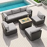Modenzi Patio Furniture Outdoor Sectional with Propane Fire Pit Table Espresso Brown Wicker Resin...