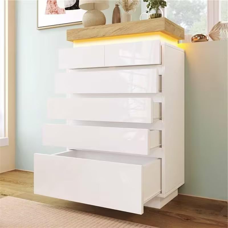 BTM 6 Drawer Chest of Drawers, High-gloss Sideboard Cabinet with 6 Drawers, White Sideboard with RGB LED(App-controlled) for Living Room and Bedroom, 115x73x39cm
