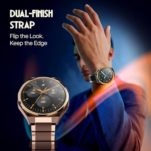 Image of Fastrack Marvellous FX3 Smartwatch with 1.43 inch AMOLED Display, Metal Case & Strap, Slim 10.4mm Design, AI Watchfaces, BT Calling, HRM, SpO2 & Sleep Tracking, IP68, Additional Silicone Strap - Brown