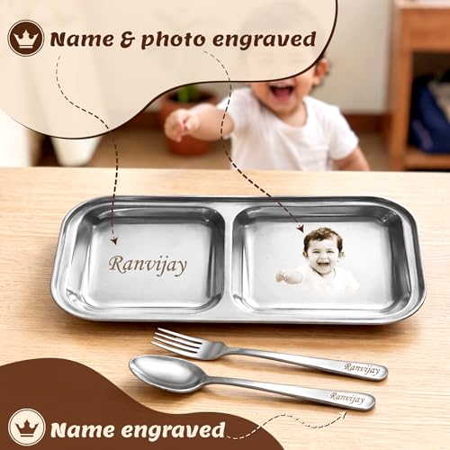 Image of SAVRI Personalized Stainless Steel Pav Bhaji Plate Set for Kids - Customized Laser Photo & Name Printed | Cartoon Design | 2-Compartment Plate with Spoon & Fork | Birthday & Return Gift (Set of 3)