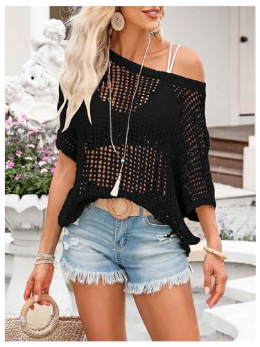 Image of Verdusa Women's Off The Shoulder Knit Top Crochet Summer Sweaters Hollow Out Beach Cover Ups Black X-Large