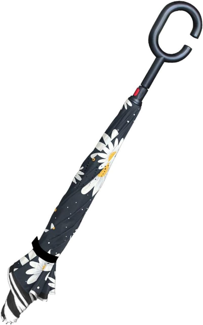 Daisy Polka Dots Inverted Umbrellas for Rain Windproof Reverse Upside Down Golf Umbrella with C-shape Handle for Men Women