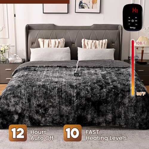 Bearhug Electric Blanket Queen Size 84"x 90", Dual Controllers Heated Blanket, Faux Fur & Grey Sherpa, 10 Heating Levels & 1-12H Auto Off, Over-Heat Protect, ETL, Machine Washable