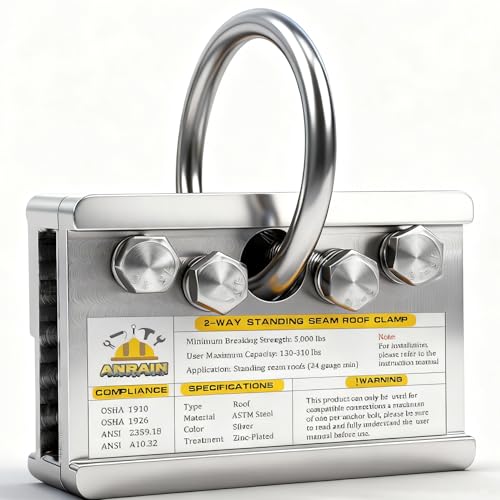 Image of Fall Protection Roof Anchor, 2-Way Standing Seam Clamp | Non-Penetrating Design | 5000lbs Capacity | Galvanized Steel | for Metal Roof & Ladder Safety