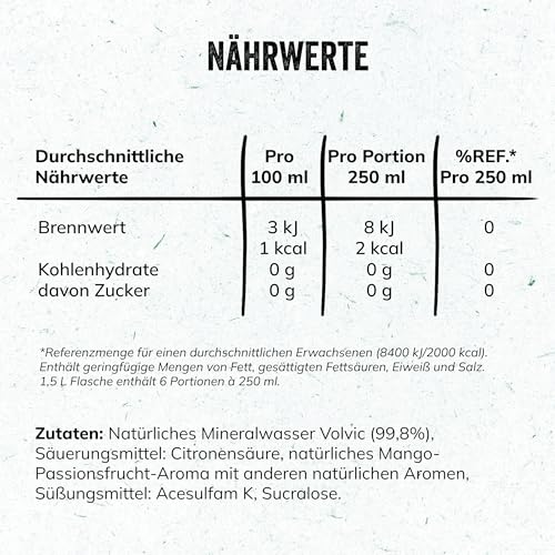 Volvic Touch Zero Mango-Passionsfrucht-Geschmack – Natürliches Mineralwasser Volvic mit Mango-Passionsfrucht-Geschmack – Ohne Zucker, künstliche Süßstoffe und ohne Konservierungsstoffe – 6 x 1,5 l