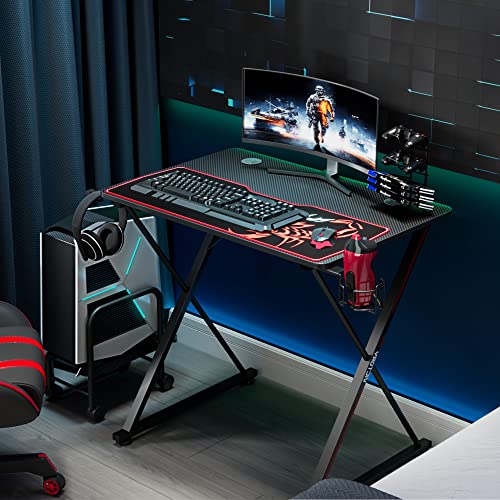 Ee Eureka Ergonomic Small Gaming Desk, 31 Inch Gaming Table For Kids, Carbon Fiber Surface Pc Computer Desk, Home Gaming Desk With Mouse Pad, Controller Race, Headphone Hook, Cup Holder, Socket Holder #TOP1