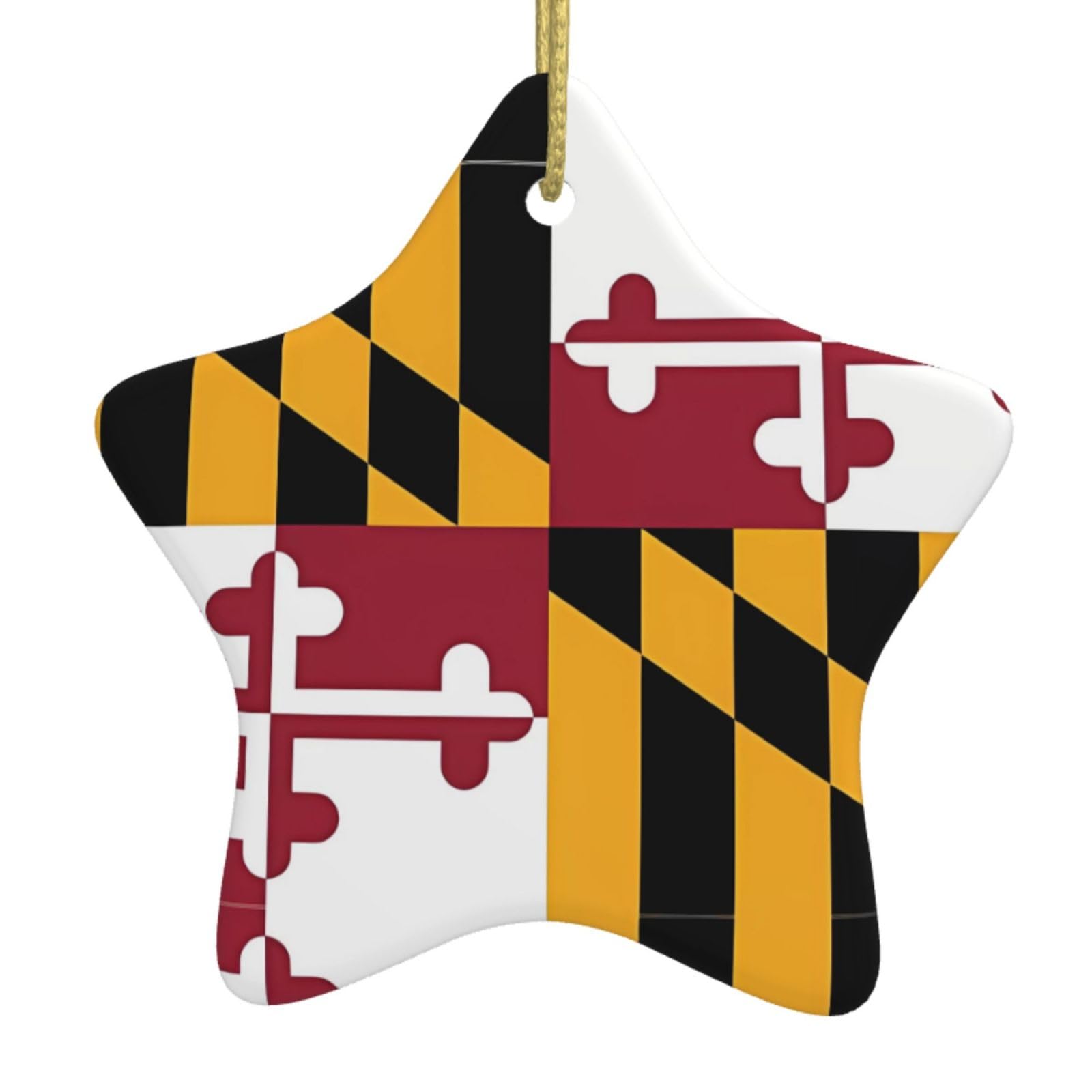 Flag of Maryland Christmas Ceramic Star Pendant with Punched Holes and Gold Wire Rope, Christmas Tree Home Decoration