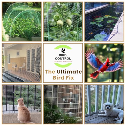 Image of Bird Control Green Nylon Knotted Anti-Bird Net UV Stabilized Multi Filament with Tying Ropes Attached, Cable Ties & Cup Hooks for Easy Installation - Green - 6ft x 10ft