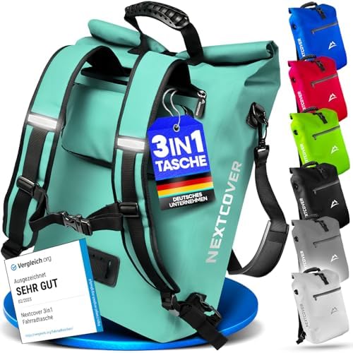 Nextcover® NEU 3in1 Fahrradtasche für Gepäckträger [PVC frei] - Gepäckträgertasche, Fahrradtasche Rucksack und Umhängetasche 25L I Fahrrad Tasche wasserdicht, Fahrradtaschen Gepäck