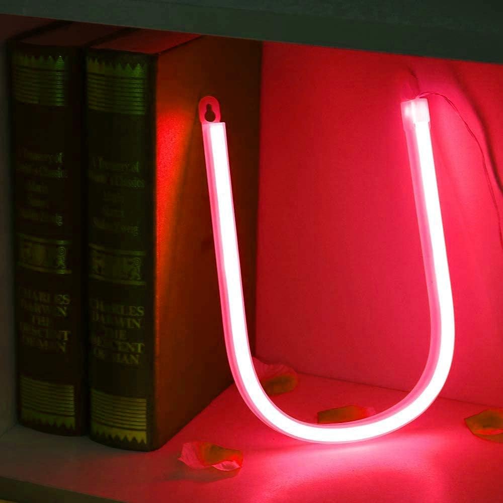 Letter Neon Lights, LED Neon Night Light Neon Lights Wall Decorative Night Light for Kids Bedroom Battery USB Operated Red (U)