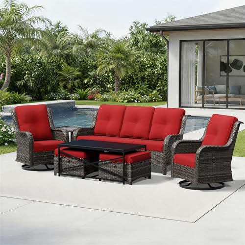 Image of Joyside 7 Piece Wicker Patio Furniture Set, Outdoor Swivel Rocker Patio Chairs with High Back, Deep Seating, Wide Armrest, Thickened Cushions, Outdoor Furniture for Deck, Porch Use