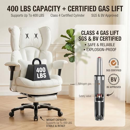 Image of Efomao Big & Tall Desk Chair, Wide Executive Office Chair with Footrest White-L